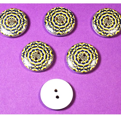 Lot 6 boutons bois : rond motif fantaisie 20mm (03)