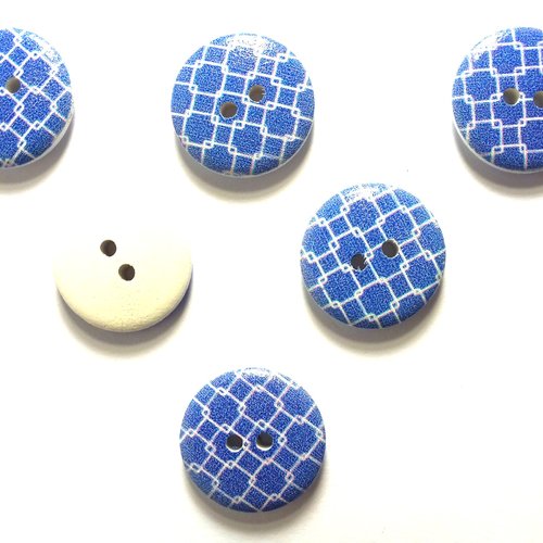Lot 6 boutons bois : rond motif fantaisie 20mm (10)