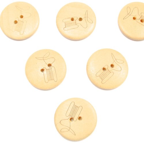 Lot 6 boutons bois : rond motif bobine 20mm (01)