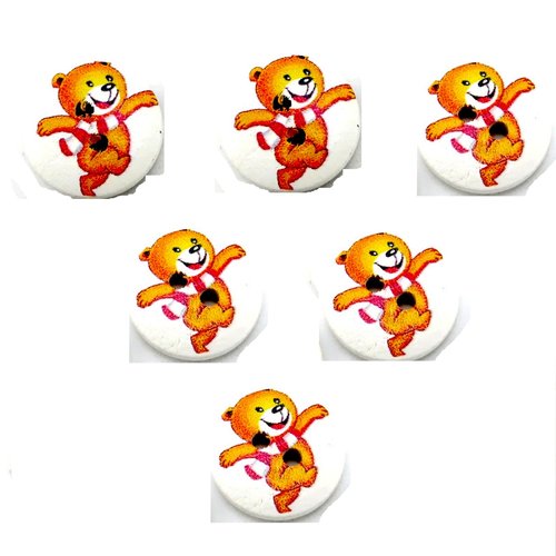 Lot 6 boutons bois : rond motif ourson 18mm (01)