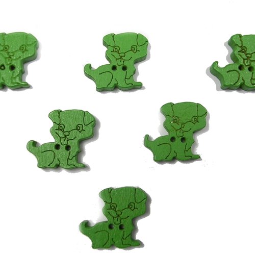 Lot 6 boutons bois : chien vert 16*15mm (01)
