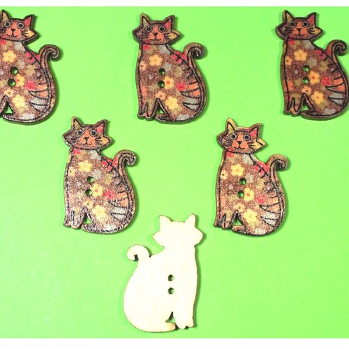 Lot 6 boutons bois : chat 30*18mm (06)