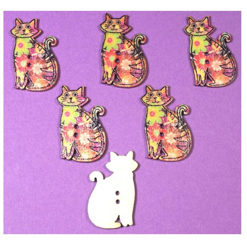 Lot 6 boutons bois : chat 30*18mm (07)
