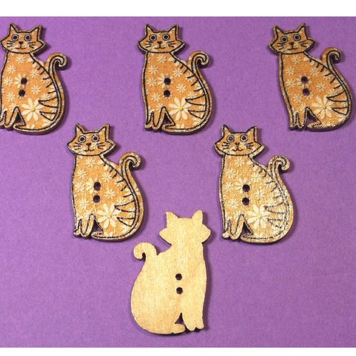 Lot 6 boutons bois : chat 30*18mm (08)