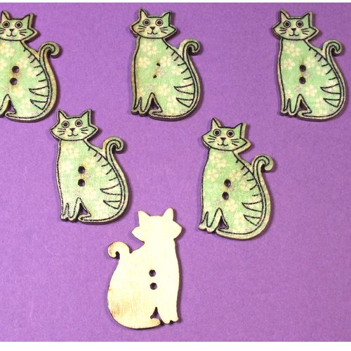 Lot 6 boutons bois : chat 30*18mm (09)