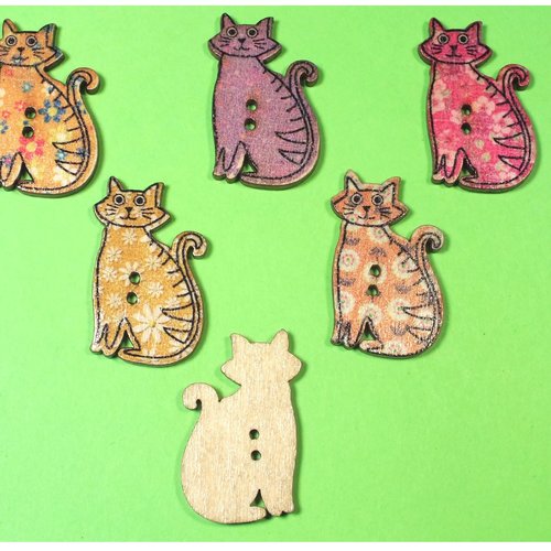 Lot 6 boutons bois : chat 30*18mm (10)