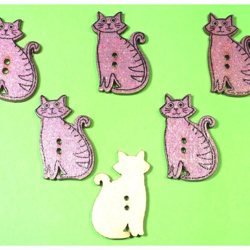 Lot 6 boutons bois : chat 30*18mm (13)