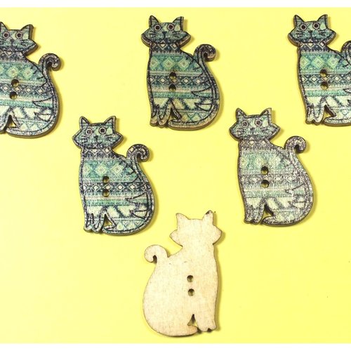Lot 6 boutons bois : chat 30*18mm (15)