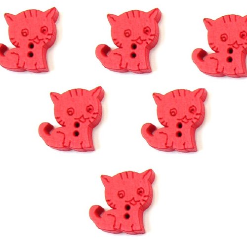 Lot 6 boutons bois : chat  rouge 15*14mm