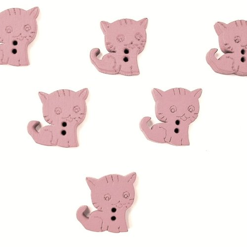 Lot 6 boutons bois : chat  rose clair 15*14mm