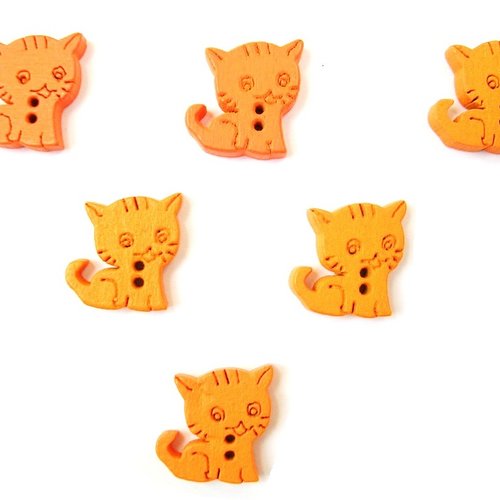 Lot 6 boutons bois : chat  orange 15*14mm