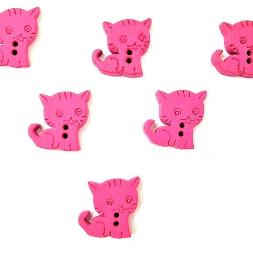 Lot 6 boutons bois : chat  rose fonçé 15*14mm