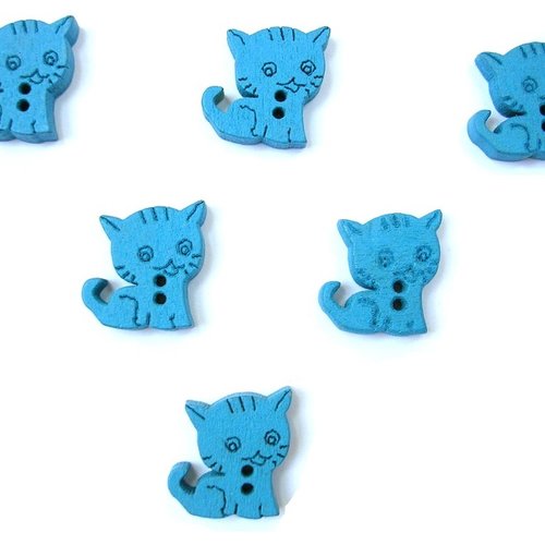 Lot 6 boutons bois : chat  bleu 15*14mm
