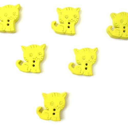 Lot 6 boutons bois : chat  jaune 15*14mm