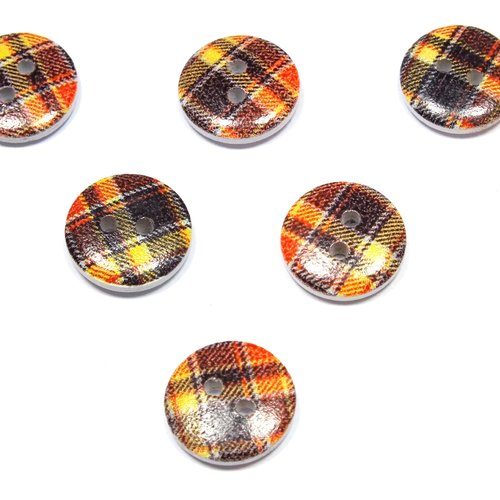 Lot 6 boutons bois : rond motif écossais 15mm (38)