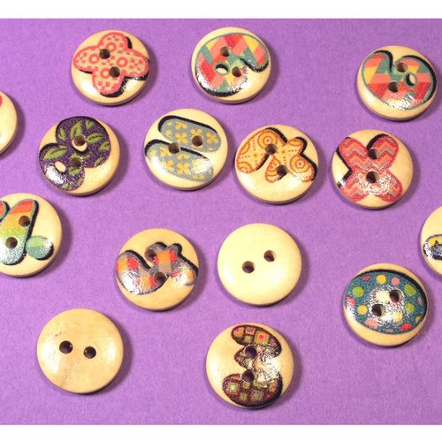Lot 13 boutons  bois naturel rond 15mm avec lettre et ponctuation