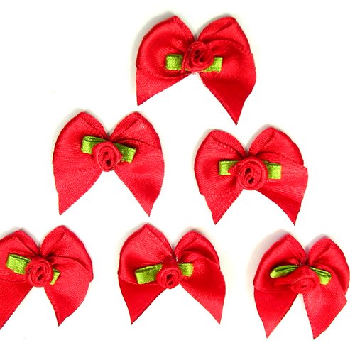 Lot 6 appliques tissus  : noeud papillon rouge avec rose 3cm (14)