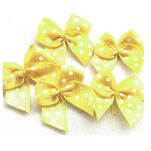 Lot 6 appliques tissus satin : noeud papillon jaune clair pois blanc 30*25mm (15)