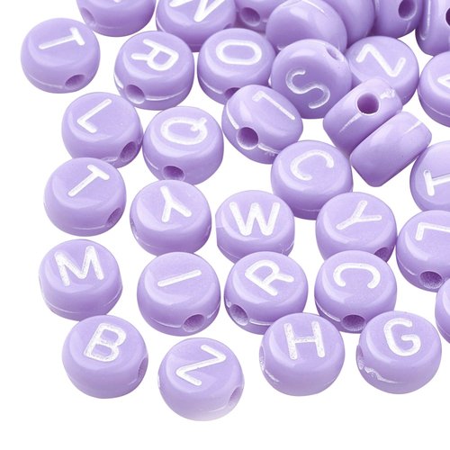Perles acryliques : 100 rondes mauves lettres blanches 7mm
