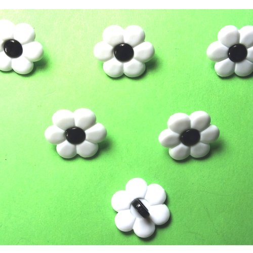 Lot 6 boutons acryliques : fleur blanche/noire 14mm