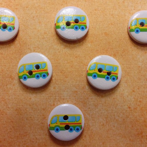 Lot 6 boutons bois : rond thème transport motif bus