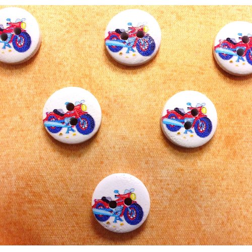 Lot 6 boutons bois : rond thème transport motif moto 15mm