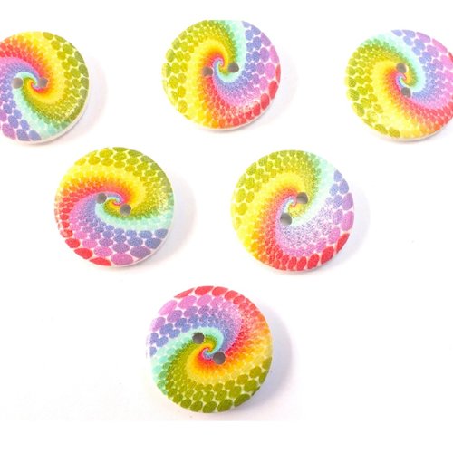 Lot 6 boutons bois : rond motif arc en ciel 25mm (03)
