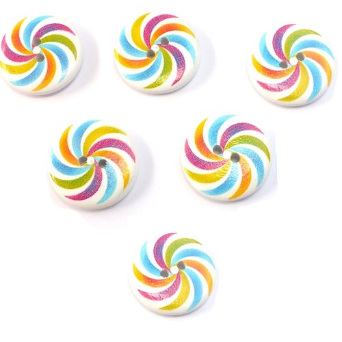 Lot 6 boutons bois : rond motif fantaisie 25mm (06)