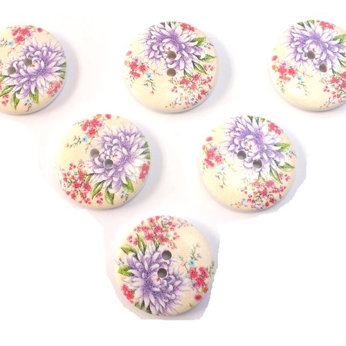 Lot 6 boutons bois : rond motif fleur 30mm (43)