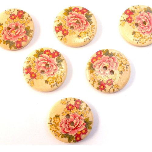 Lot 6 boutons bois : rond motif fleur 30mm (45)