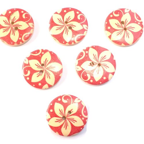 Lot 6 boutons bois : rond motif fleur 30mm (42)