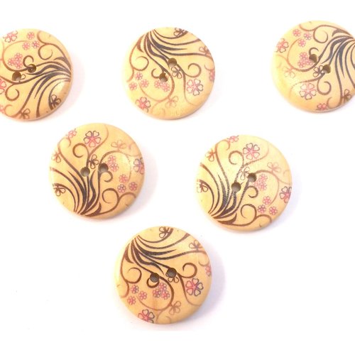 Lot 6 boutons bois : rond motif fleur 30mm (41)