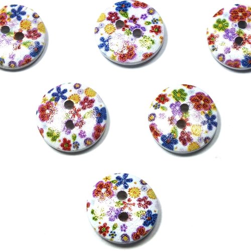 Lot 6 boutons bois : rond motif fleur 15mm (117)