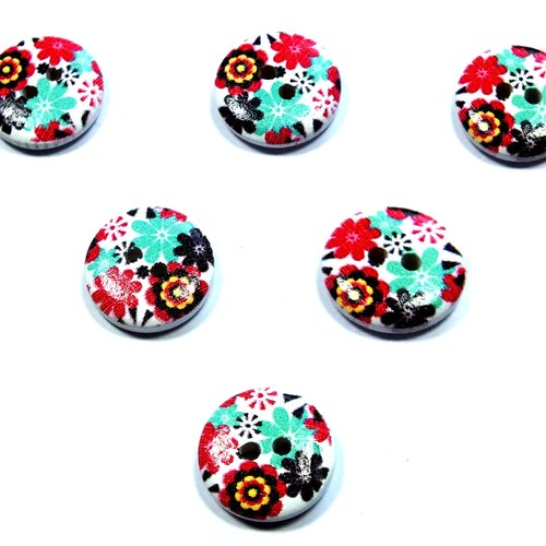 Lot 6 boutons bois : rond motif fleur 15mm (123)