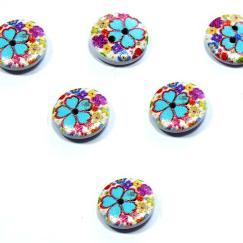 Lot 6 boutons bois : rond motif fleur 15mm (124)