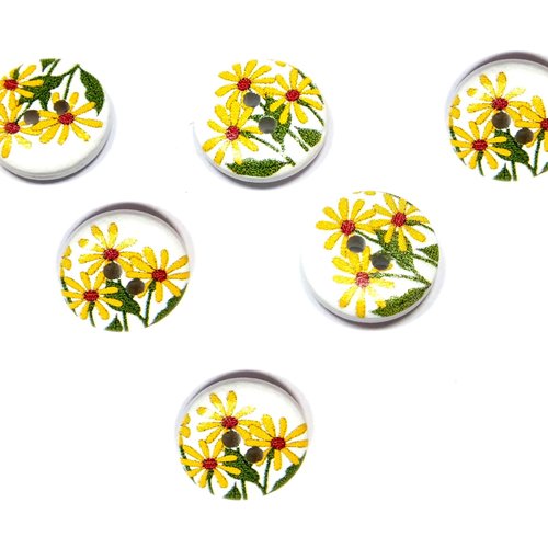 Lot 6 boutons bois : rond motif fleur 15mm (154)