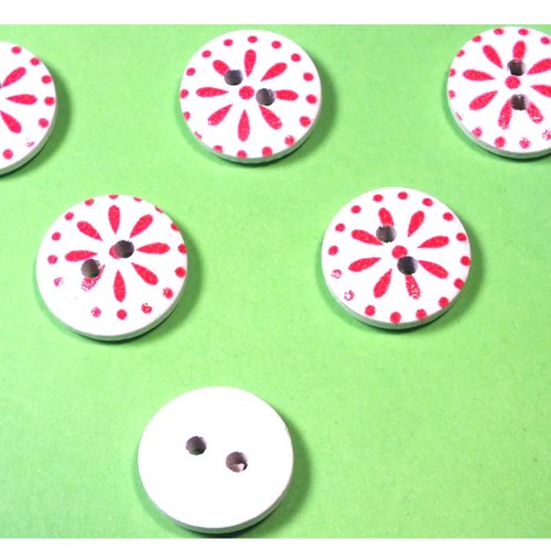 Lot 6 boutons bois : rond motif fantaisie 15mm (29)