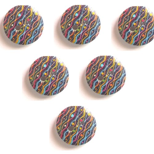 Lot 6 boutons bois : rond motif fantaisie 15mm (30)