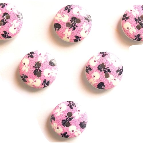 Lot 6 boutons bois : rond motif fantaisie 15mm (31)