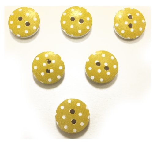 Lot 6 boutons bois : rond jaune motif  pois 15mm (07)