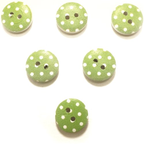 Lot 6 boutons bois : rond vert/blanc motif  pois 15mm (14)