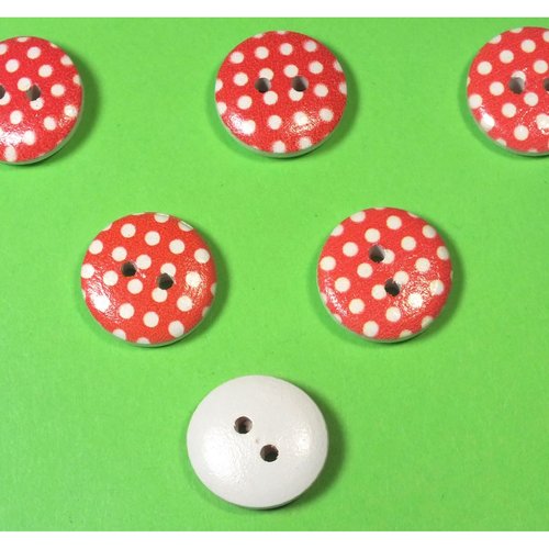 Lot 6 boutons bois : rond rouge/blanc motif  pois 15mm (29)