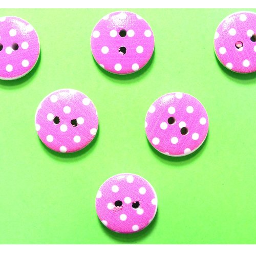 Lot 6 boutons bois : rond rose/blanc motif  pois 15mm (29)