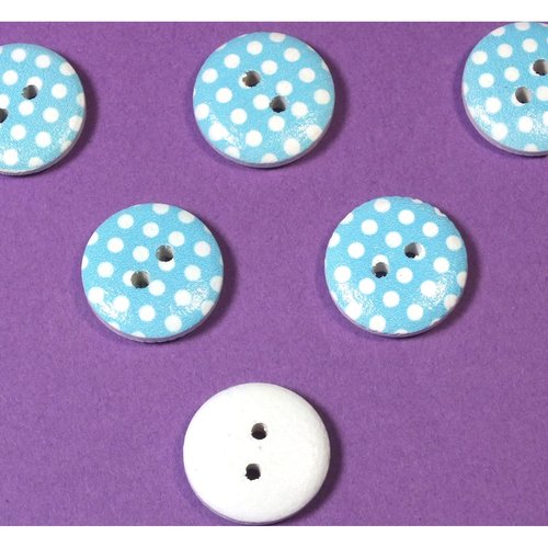 Lot 6 boutons bois : rond bleu/blanc motif  pois 15mm (25)
