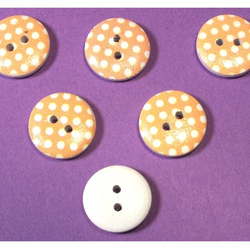 Lot 6 boutons bois : rond orange/blanc motif  pois 15mm (27)