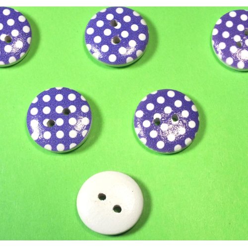 Lot 6 boutons bois : rond violet/blanc motif  pois 15mm (31)