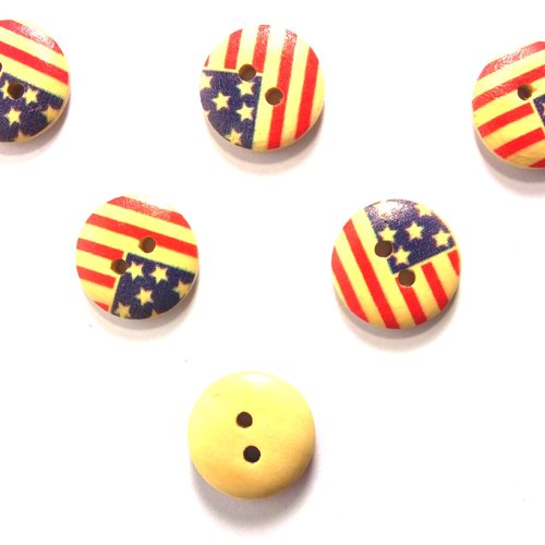 Lot 6 boutons bois : rond motif drapeau 15mm