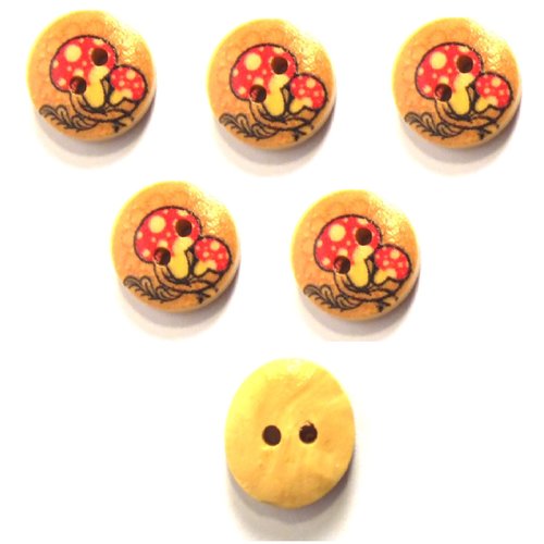 Lot 6 boutons bois : rond motif champignon 15mm (01)