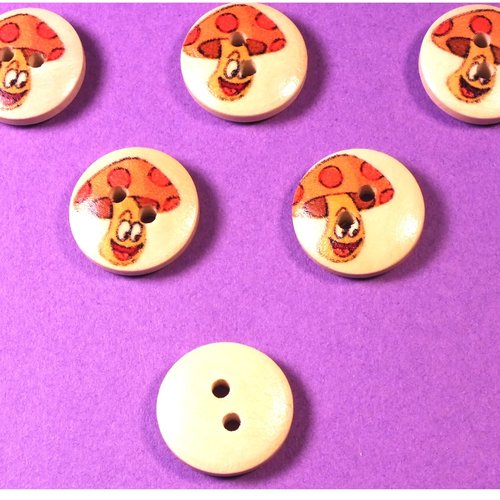 Lot 6 boutons bois : rond motif champignon 15mm (02)
