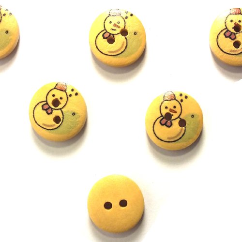 Lot 6 boutons bois : rond motif bonhomme neige 15mm (01)